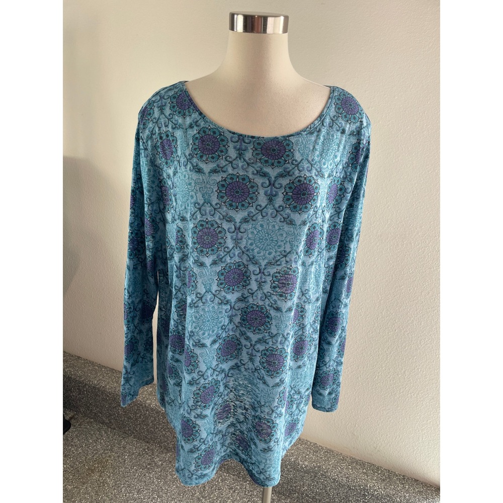 J Jill Womens Plus 4X Blue Paisley Medallion Scoop Neck Long Sleeve Tunic Top